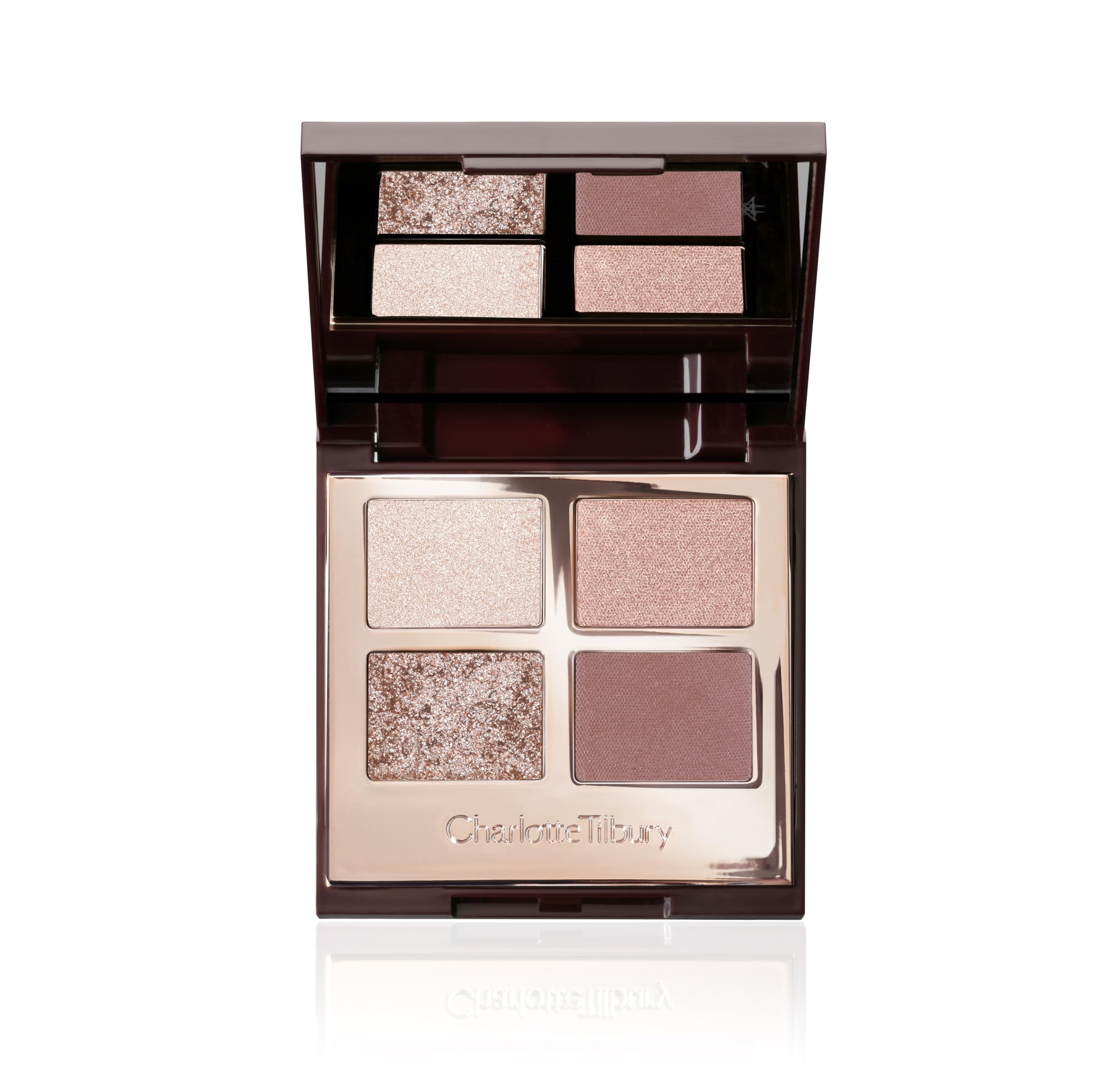 Charlotte Tilbury palette front view showing four rose-gold shades and compact benefits