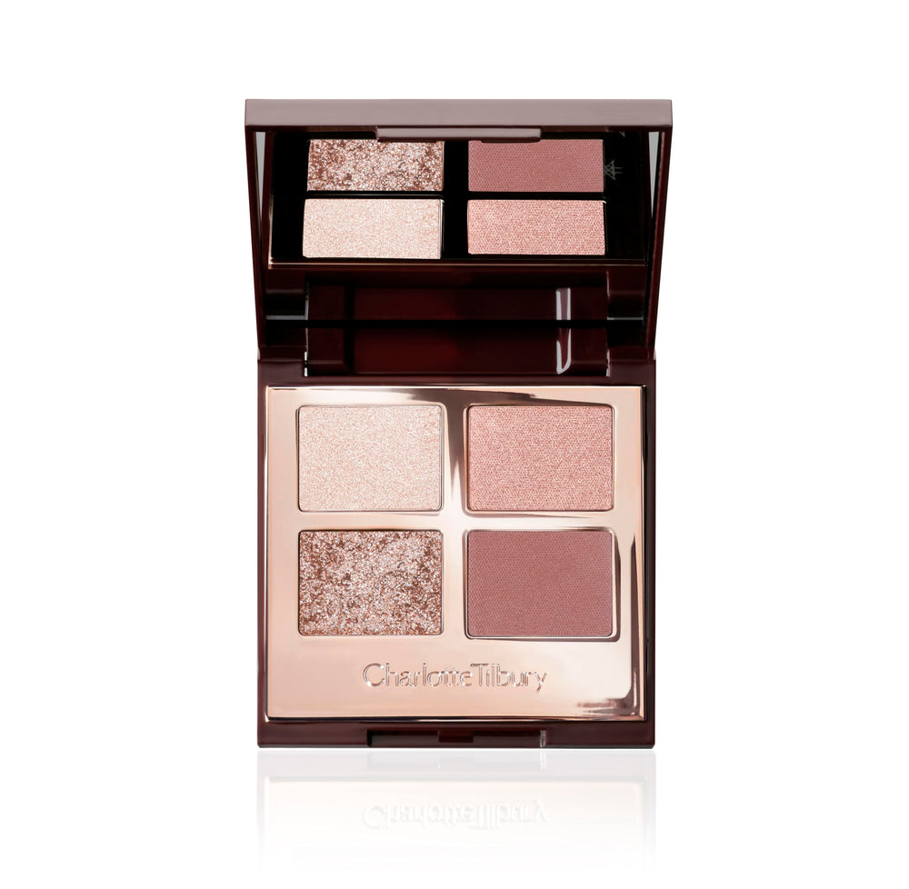Charlotte Tilbury palette front view showing four rose-gold shades and compact benefits
