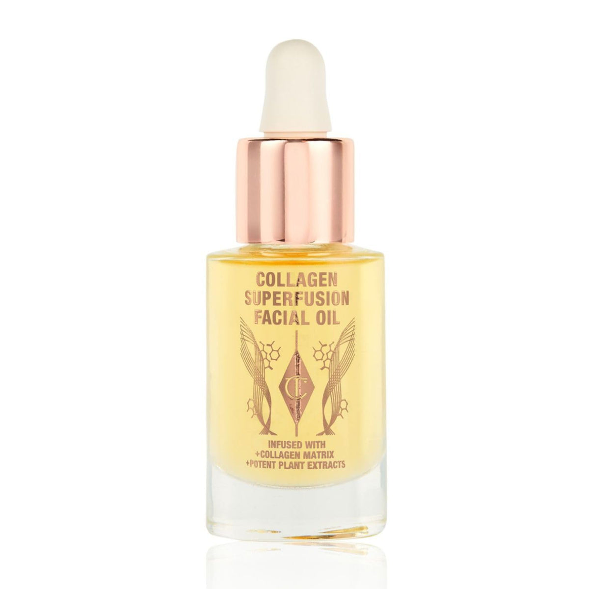 Charlotte Tilbury face oil front packaging showing bottle and cap for luxury presentation
