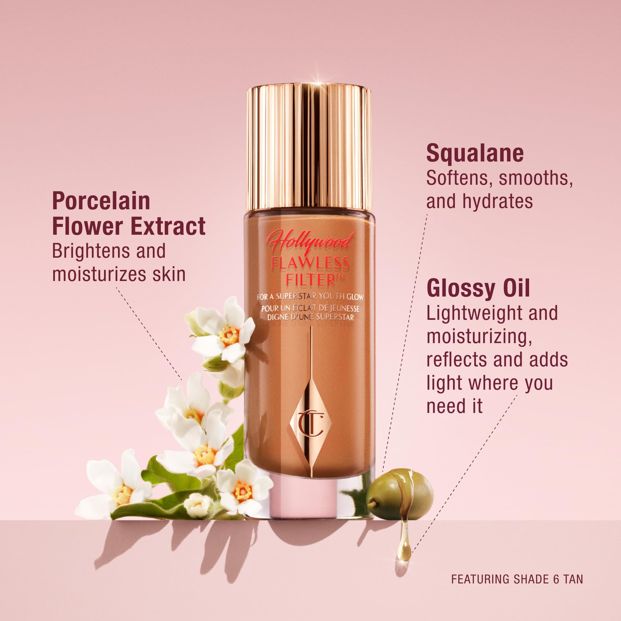 Charlotte Tilbury dabbed on cheek over makeup showing targeted highlight benefit
