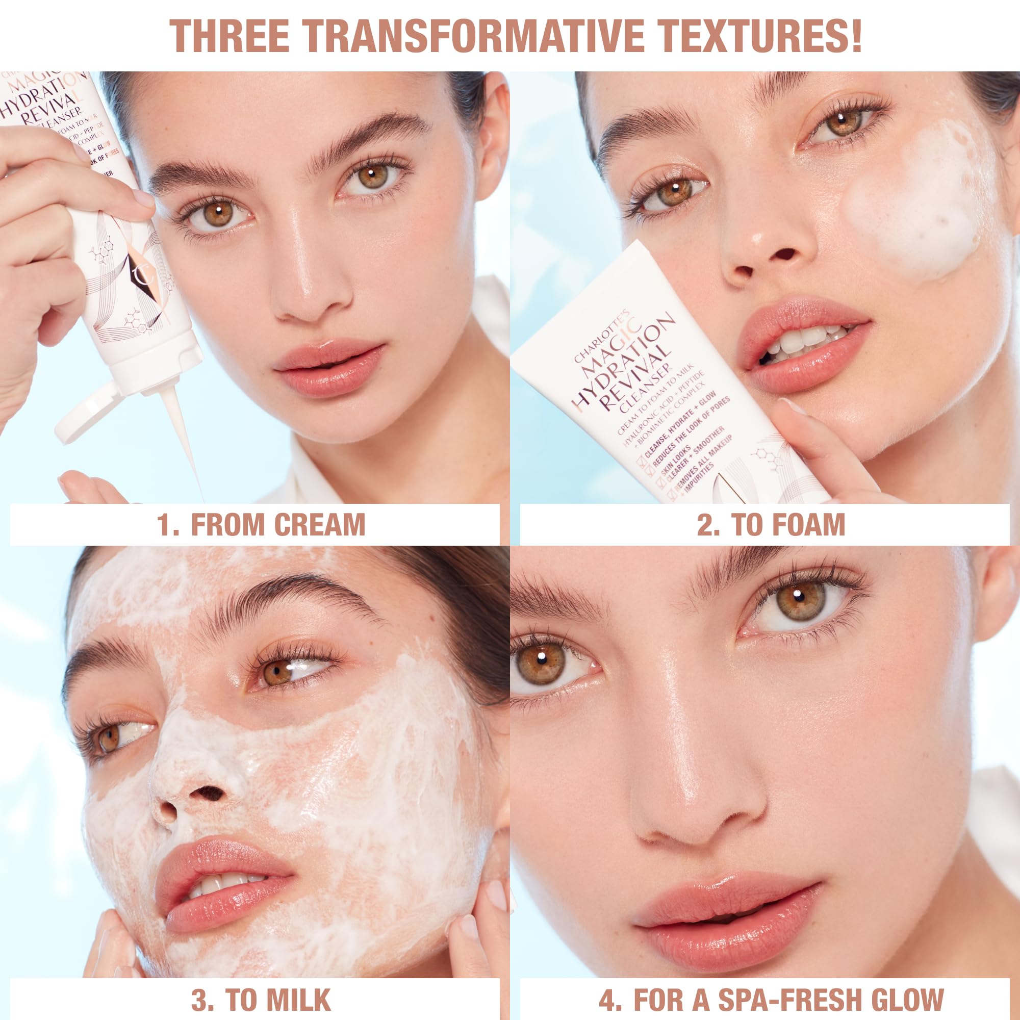 Charlotte Tilbury in bathroom lifestyle setting showing spa-inspired routine benefit and glow