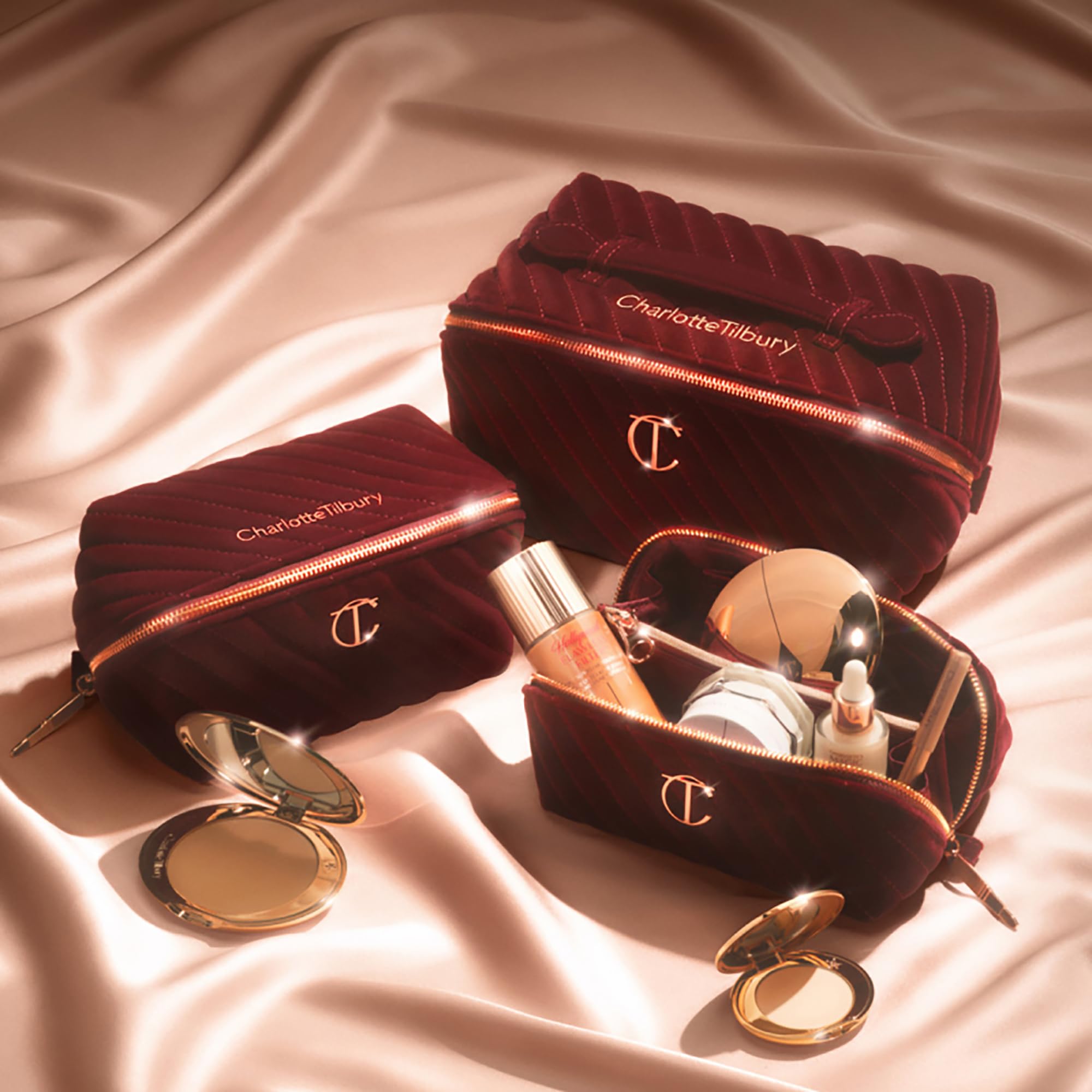 Charlotte Tilbury in use travel scenario with bag packed and ready for airport convenience