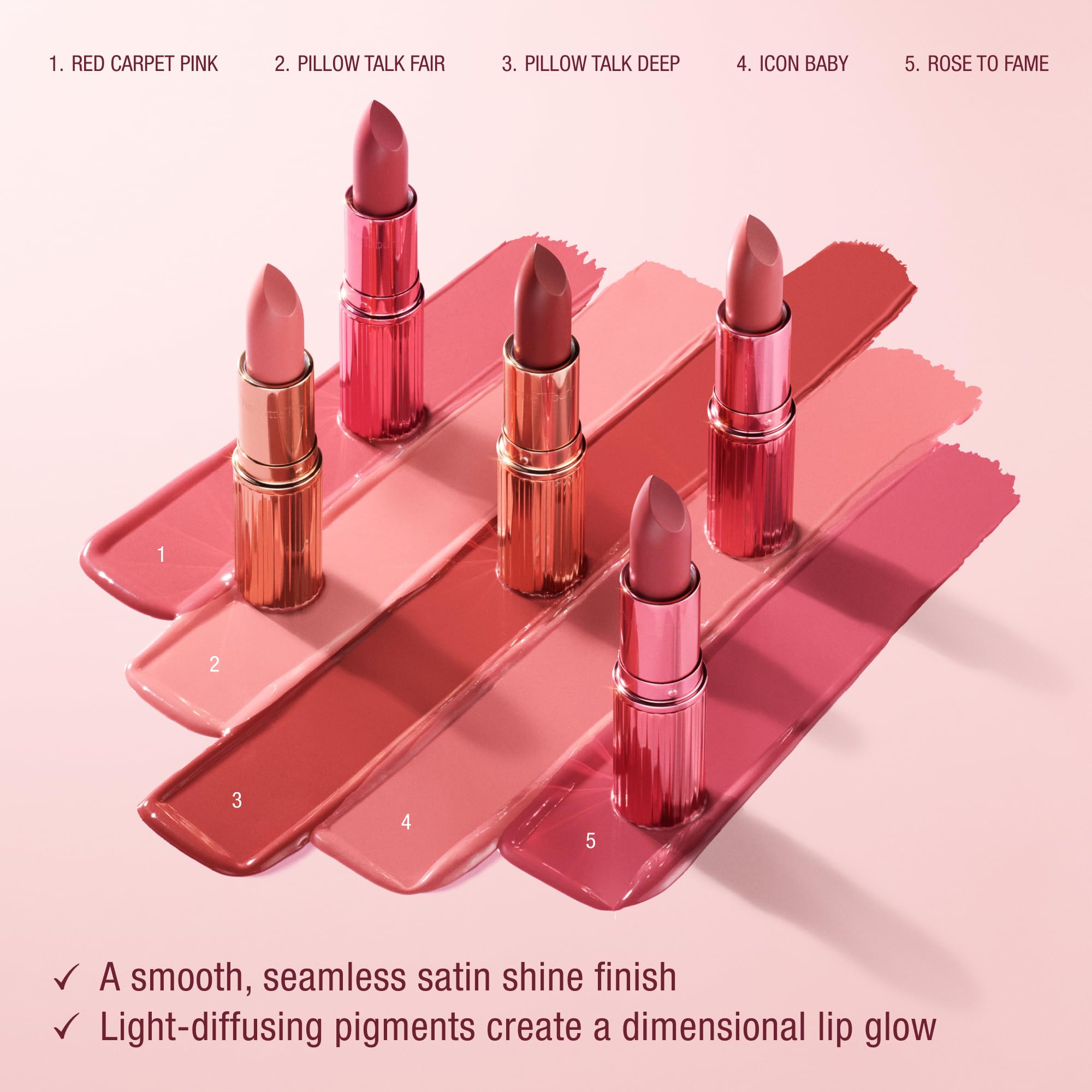 Charlotte Tilbury lipstick on vanity with mirror showing polished, camera-ready beauty benefit