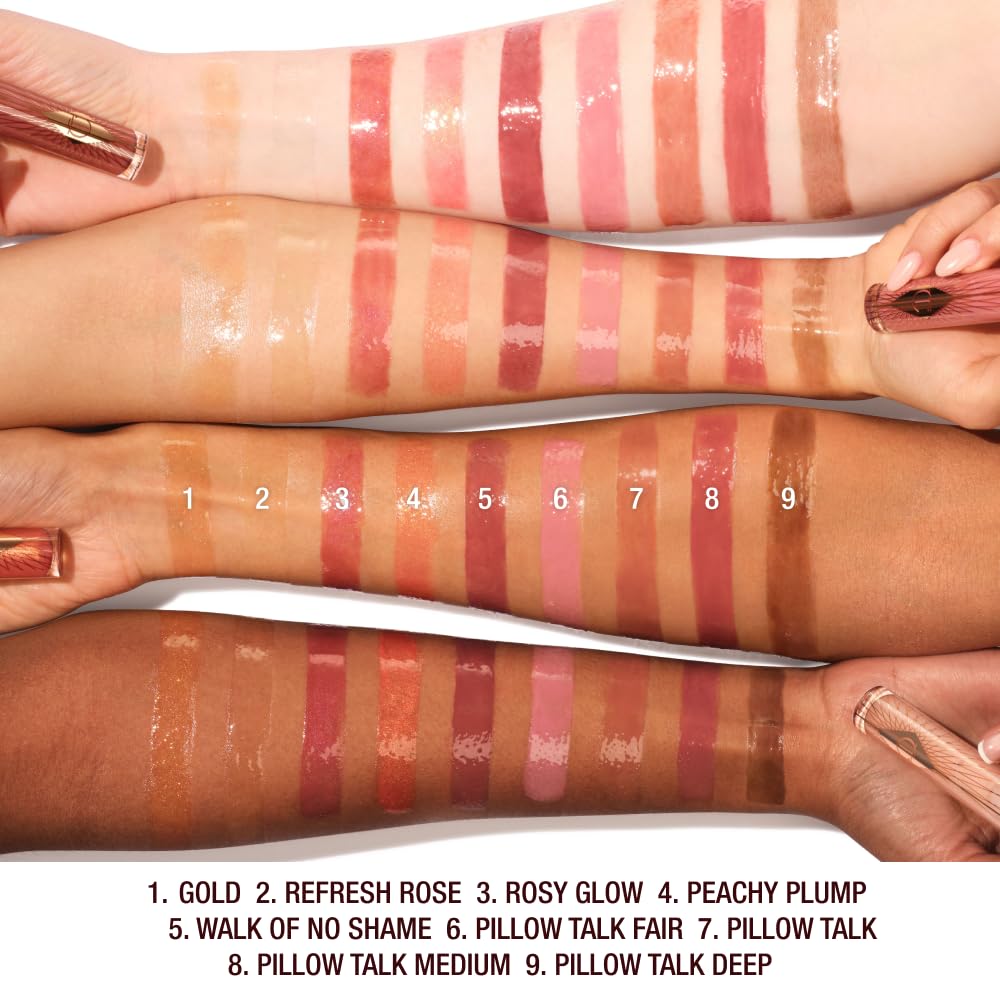 Charlotte Tilbury gloss texture swatch highlighting hydrating, reflective sheen