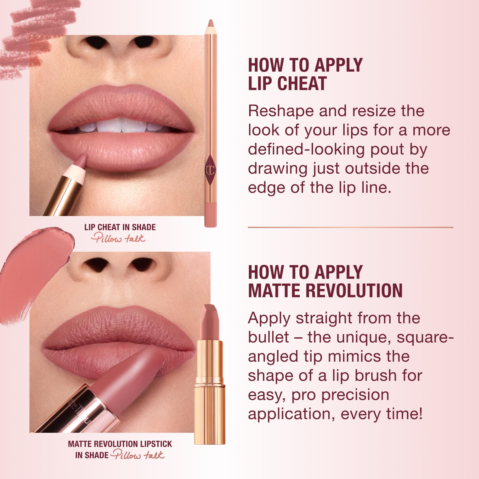 Charlotte Tilbury application demo showing line and fill for fuller-looking lips