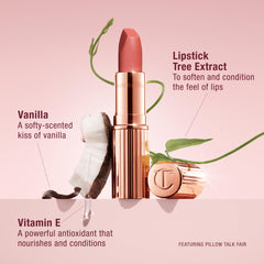 Charlotte Tilbury lipstick texture swatch highlighting creamy, hydrating finish