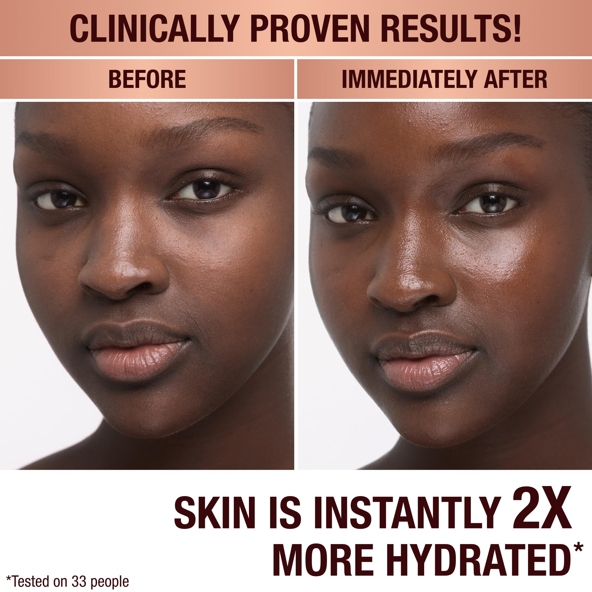 Charlotte Tilbury applied to neck and décolletage showing lifted, hydrated look