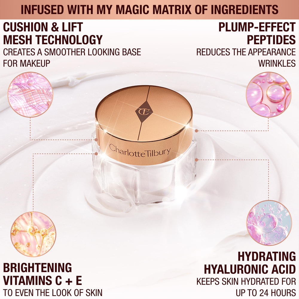Charlotte Tilbury open jar close-up cream texture illustrating hydrating, silky finish