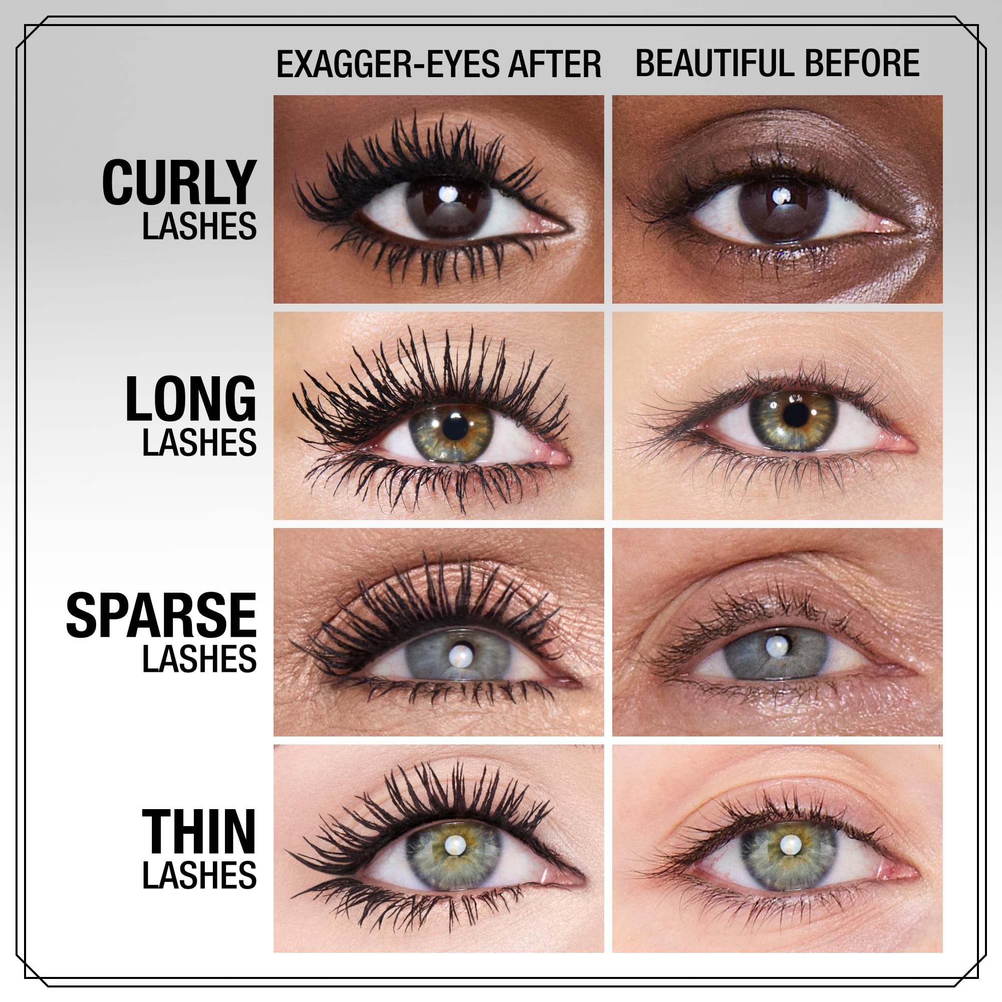 Charlotte Tilbury before and after lashes showing amplified volume and length