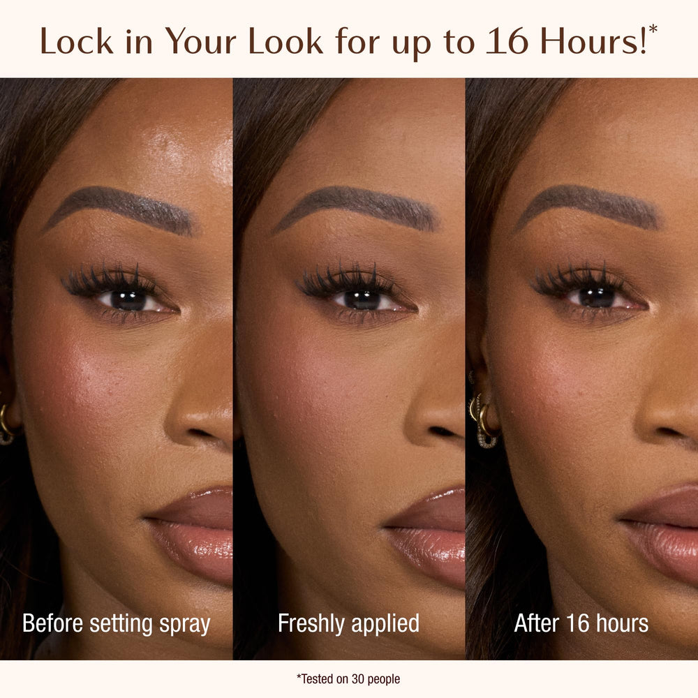 Charlotte Tilbury mist spraying onto skin to hydrate and set makeup instantly