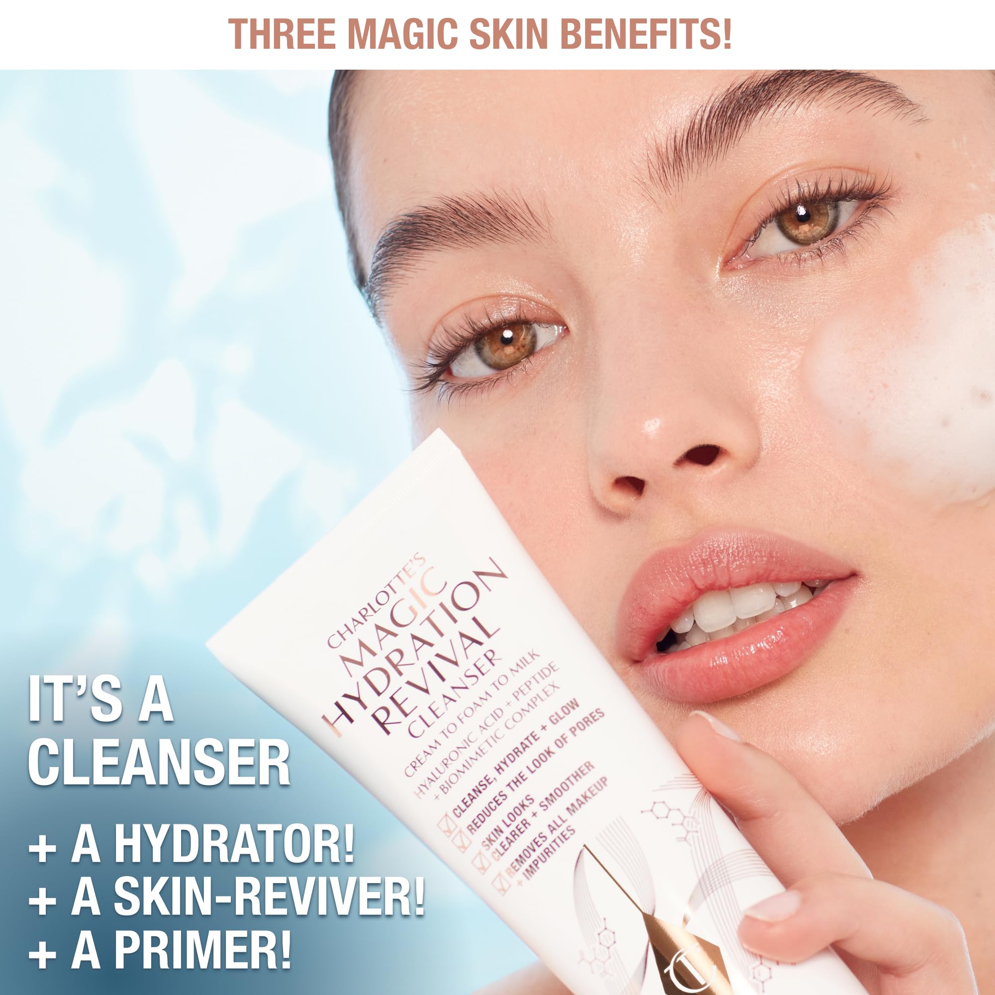 Charlotte Tilbury pump and label close-up highlights easy dispensing and clear instructions