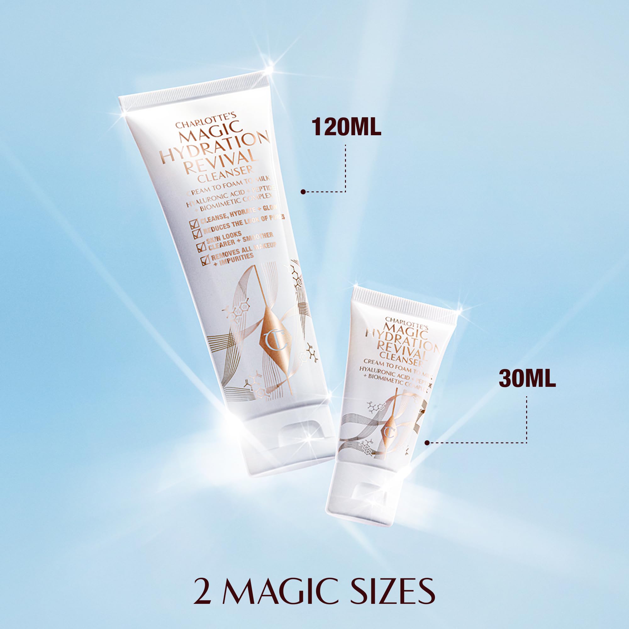 Charlotte Tilbury size scale next to hand indicating compact bottle and travel-friendly volume