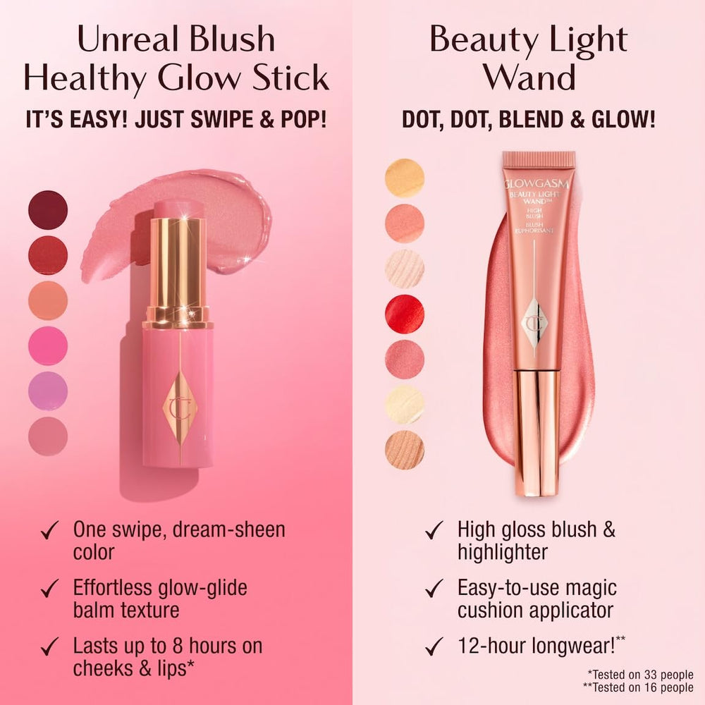 Charlotte Tilbury before and after cheeks split image, reveals glow effect