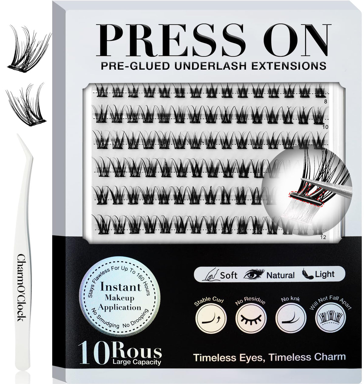 CHARMO'CLOCK packaging showing complete 150-piece no-glue kit and benefits