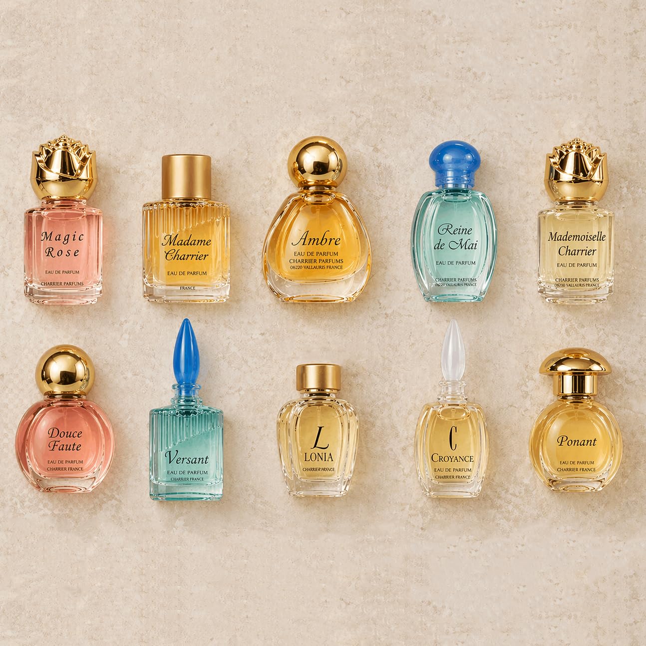 Charrier Parfums overhead view of ten mini bottles showing fragrance variety and choices