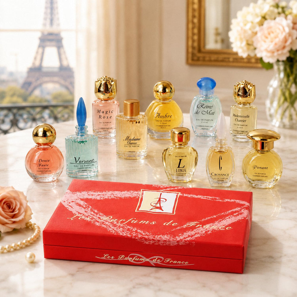 Charrier Parfums travel pouch with miniatures highlighting portability and convenience