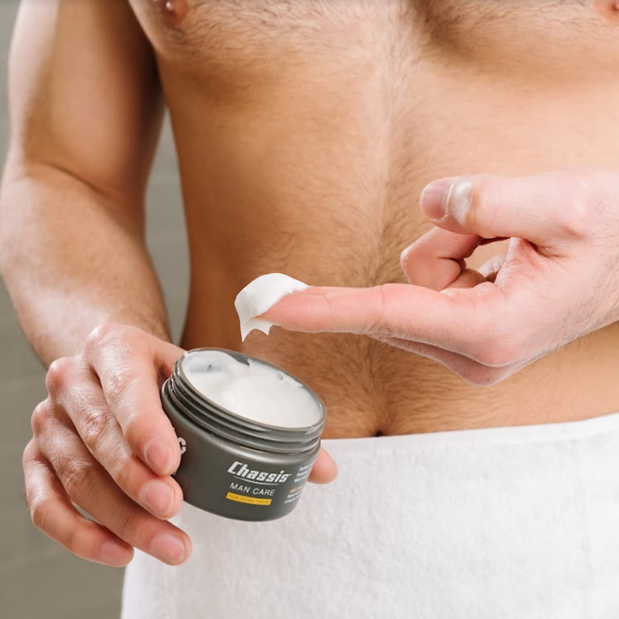 Chassis cream being applied to inner thigh illustrating quick protection