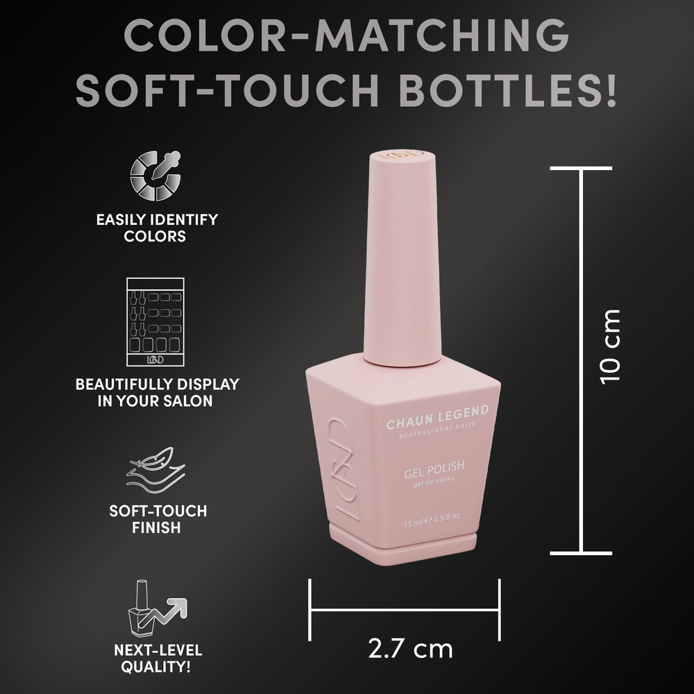 Chaun Legend bottle on hand demonstrating finished manicure with high shine