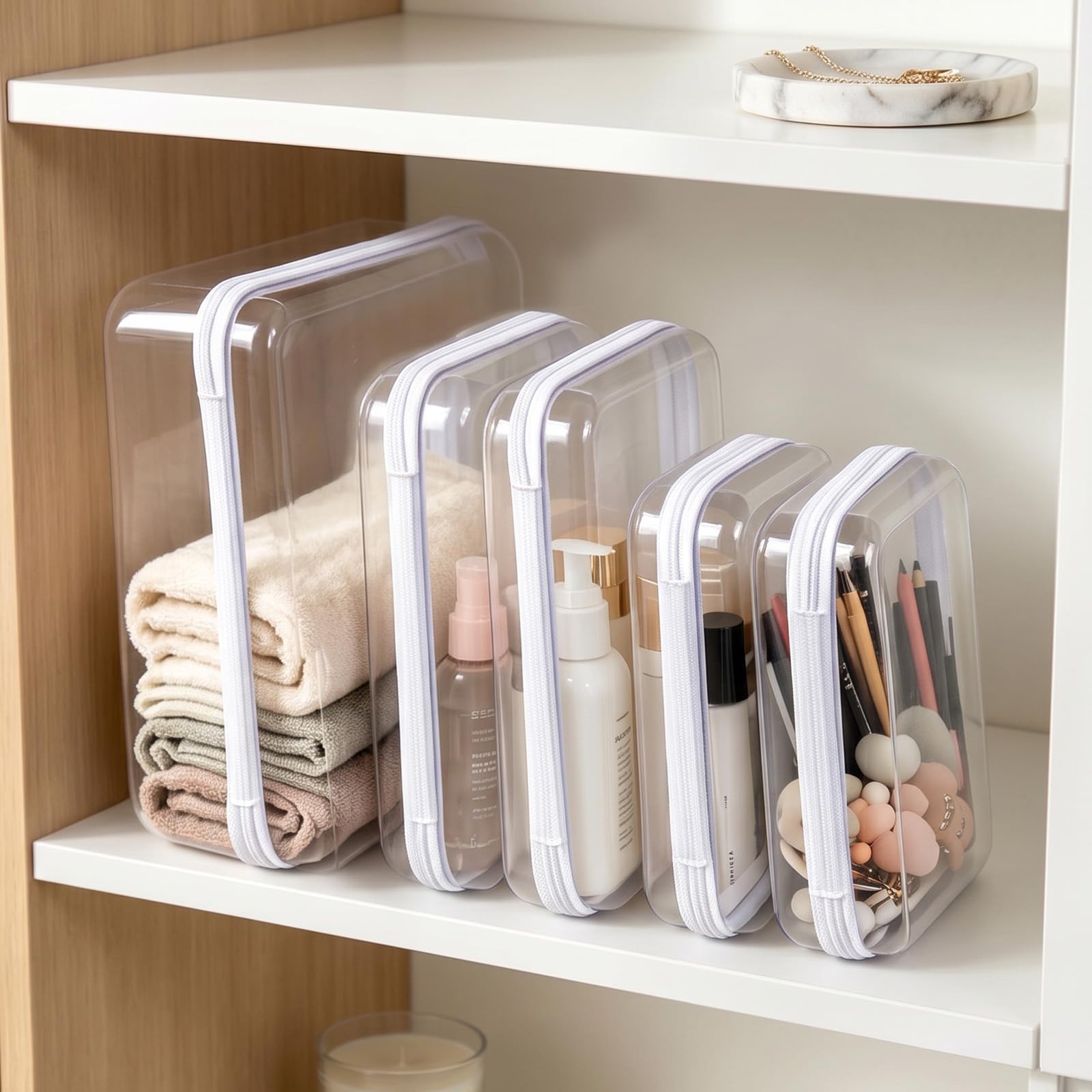 Cheery Land pouches organized inside a suitcase to speed packing and security checks