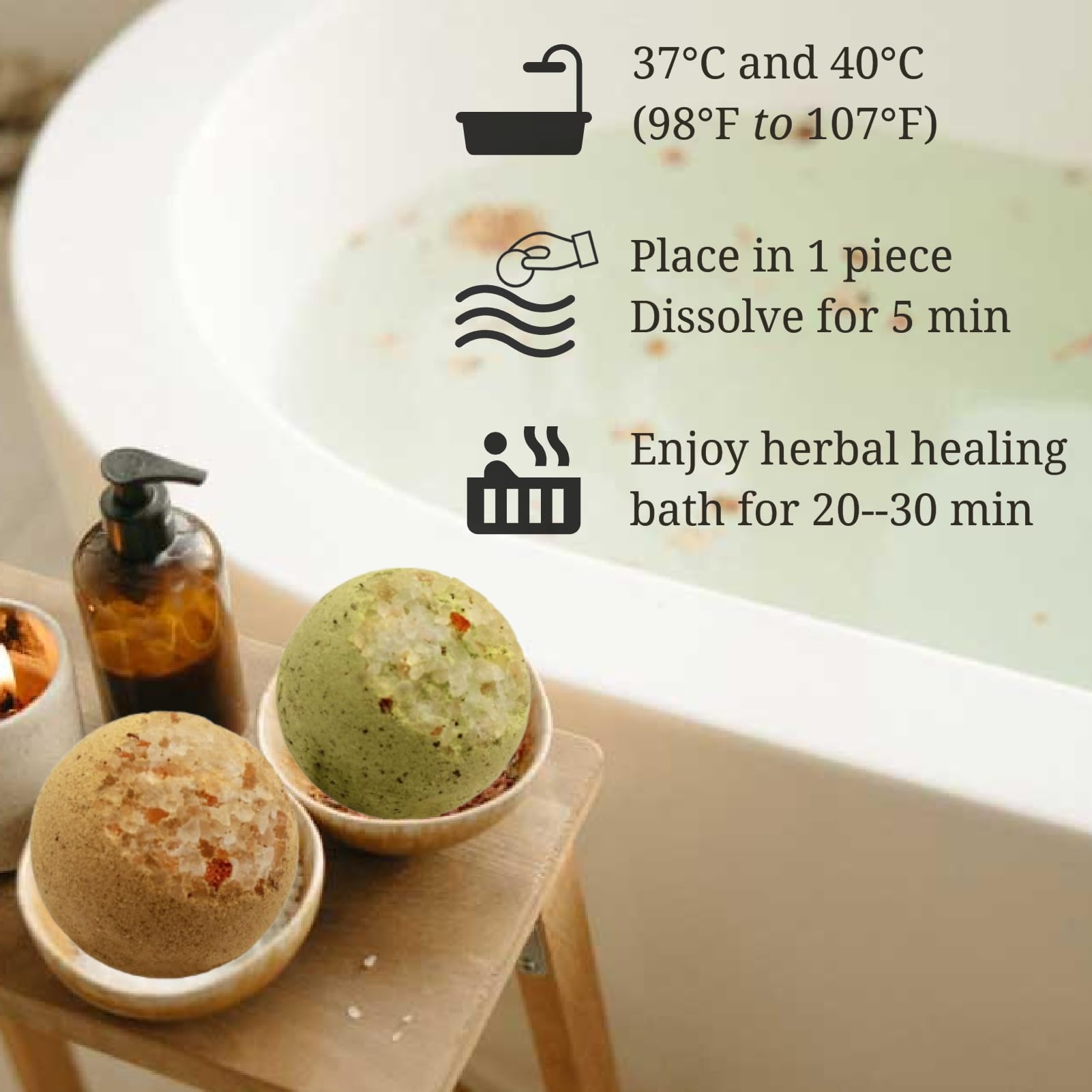 CheezhengHimalaya bath bomb in hand for size comparison, clarifies portion per soak