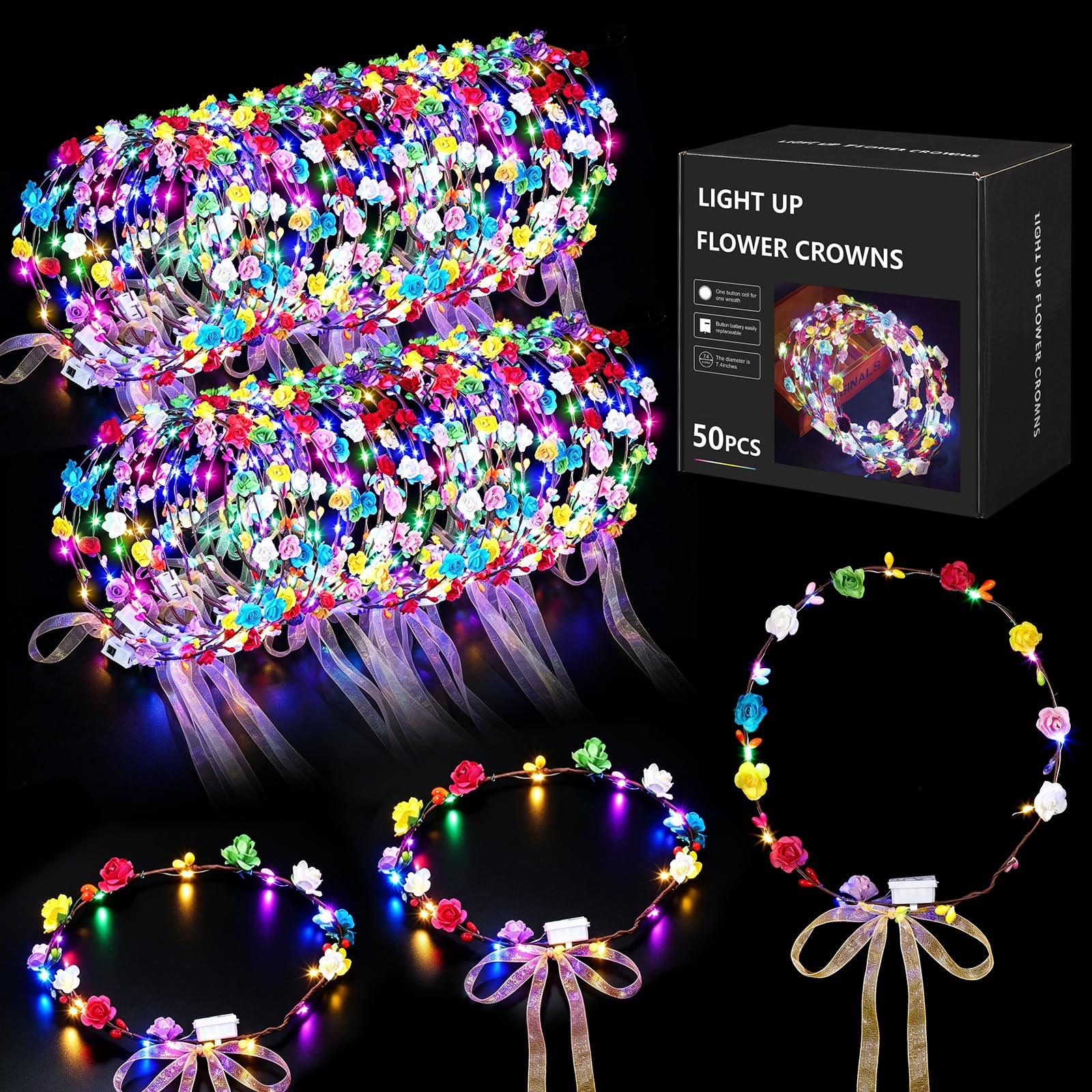 Chicloop front view of LED flower crown highlighting full pack appeal