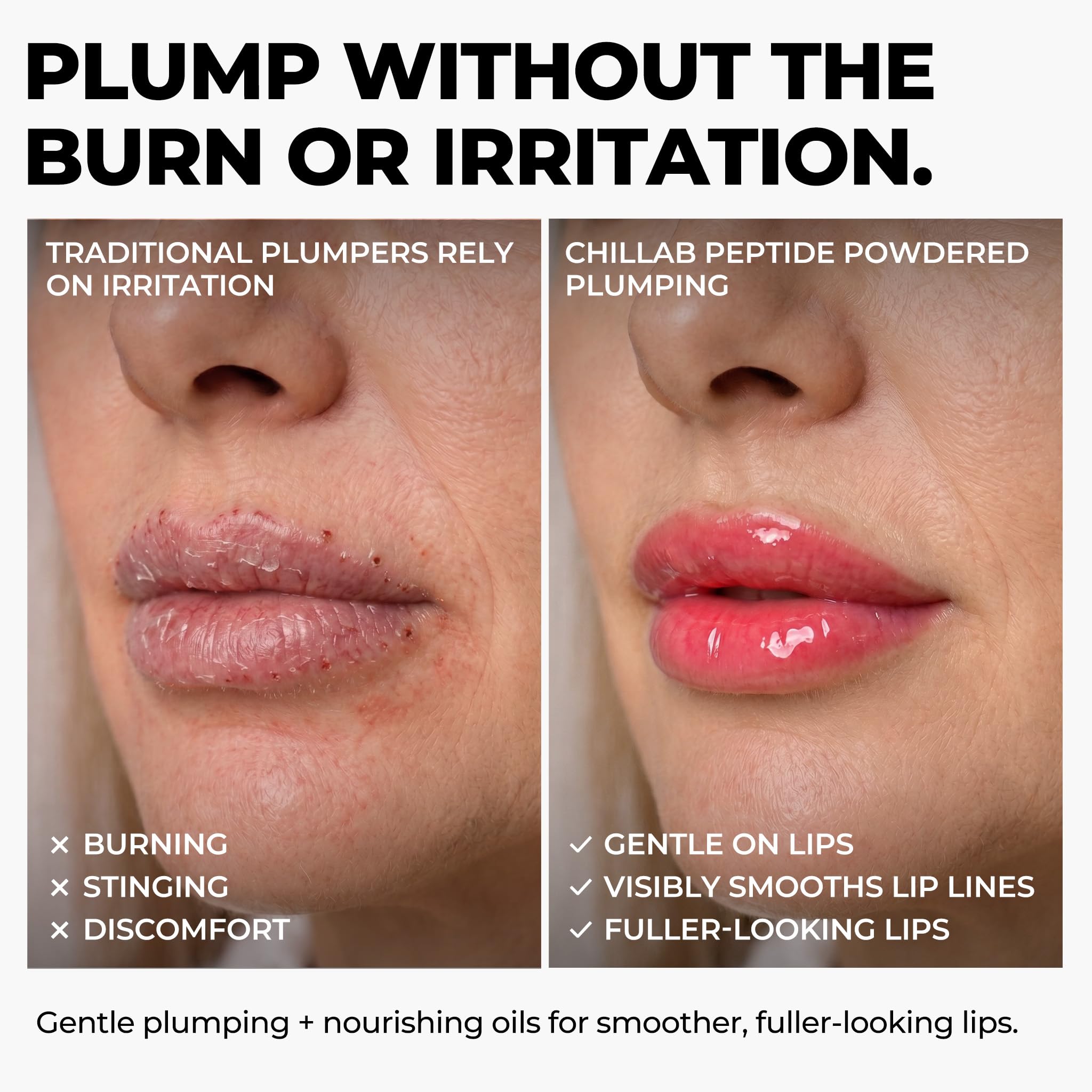 Chillab layered over matte lipstick showing boost in sparkle and comfortable wear benefit