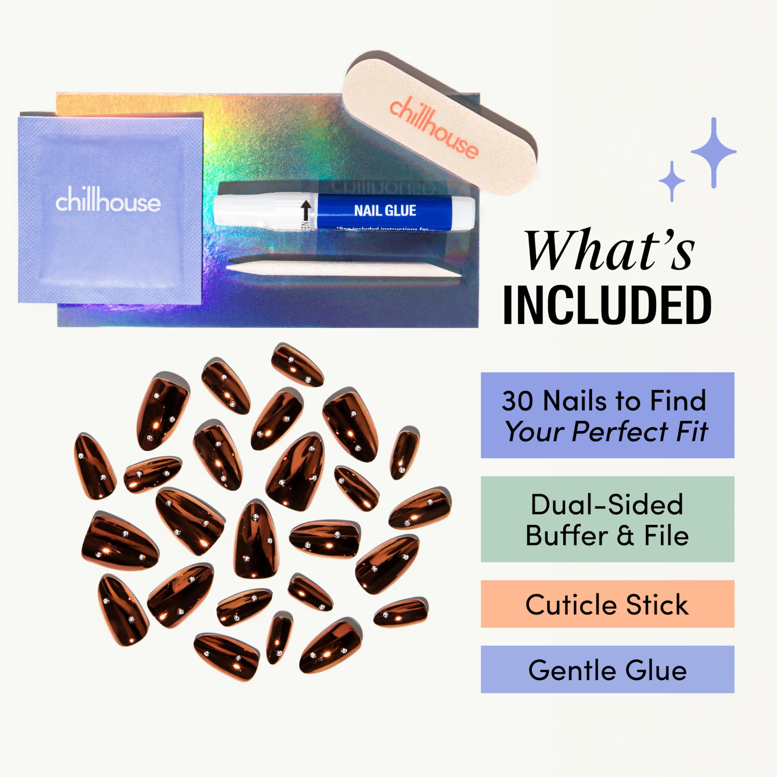 Chillhouse kit tools arranged: buffer, file, cuticle stick, and Gentle nail glue for prep