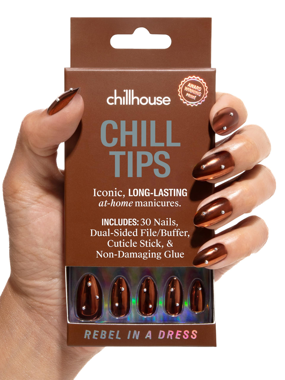 Chillhouse front packaging showing Rebel in a Dress kit and included tools for easy application
