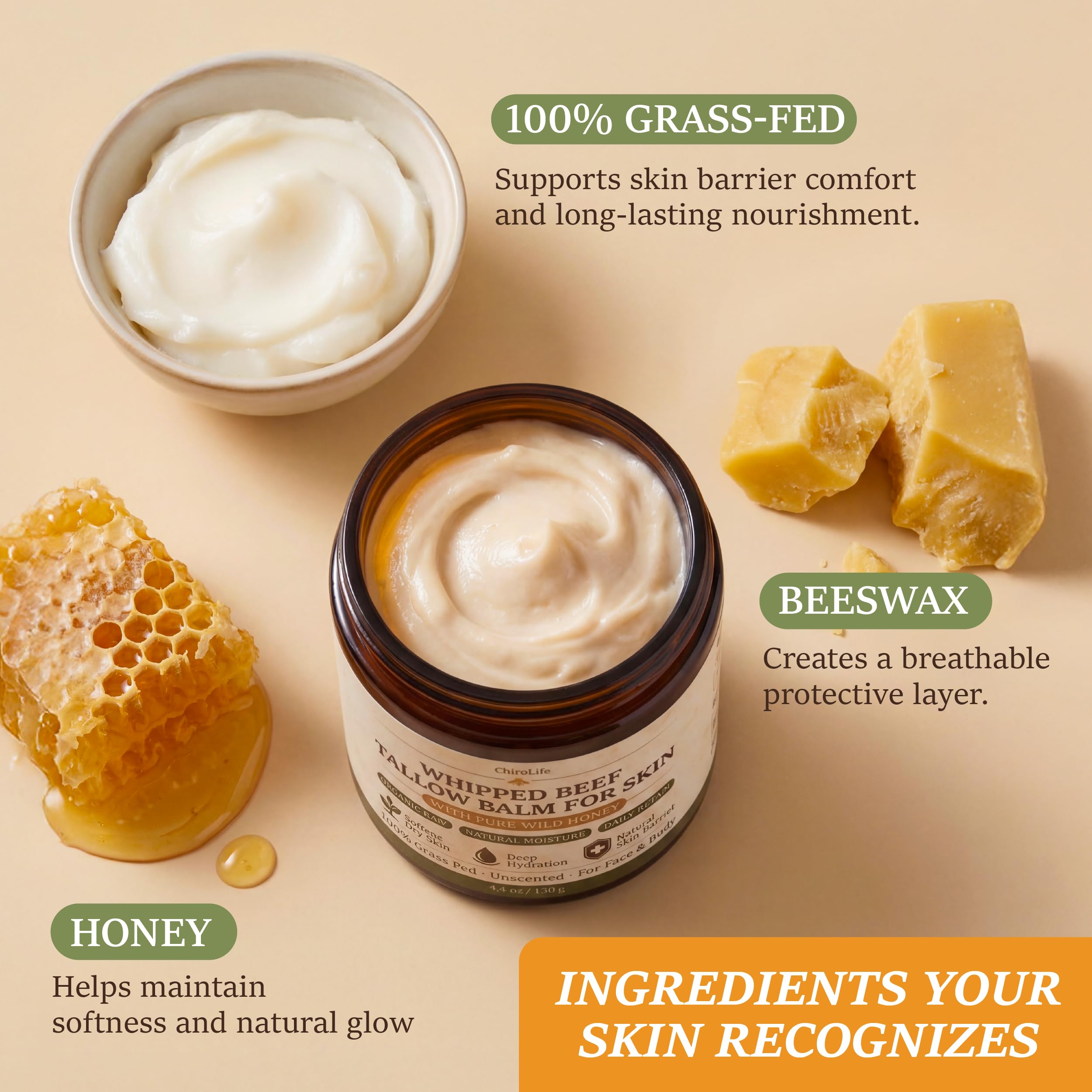 ChiroLife open jar revealing airy whipped tallow texture for quick absorption