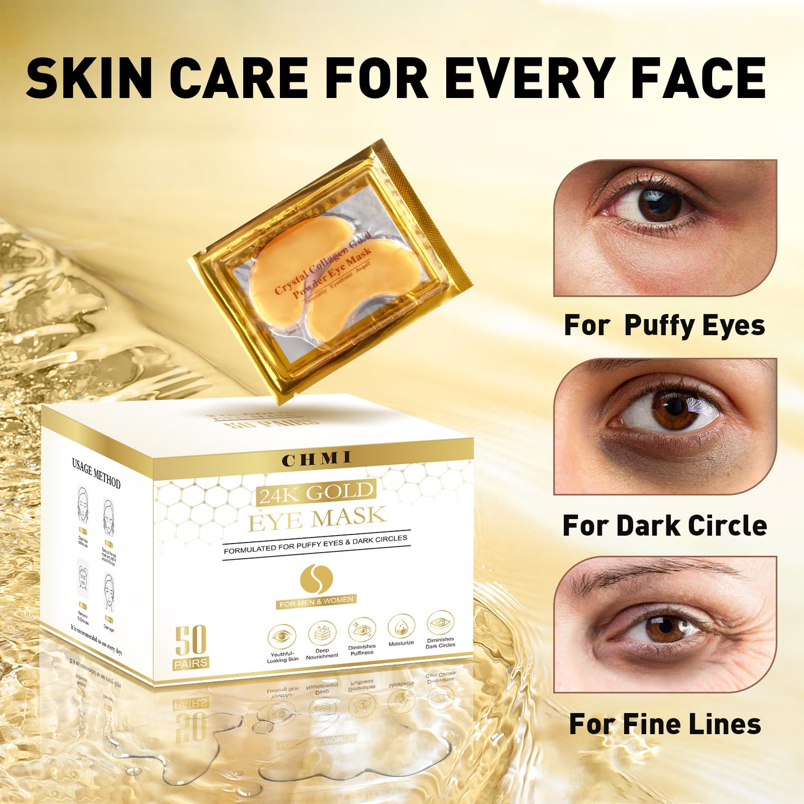CHMI open single-use sachet revealing neatly paired gold hydrogel masks