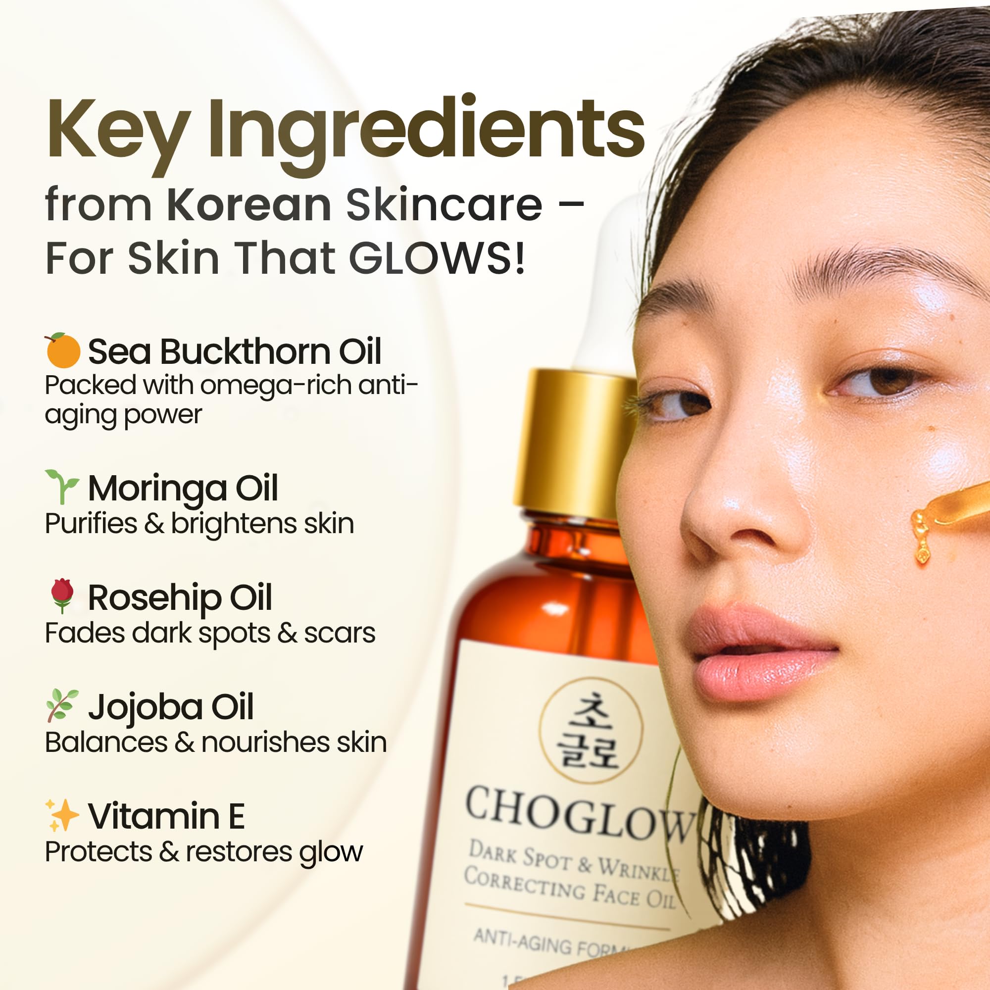 Choglow bottle beside jojoba and sea buckthorn illustrating natural ingredients