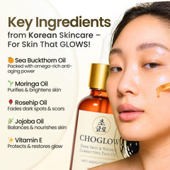 Choglow bottle beside jojoba and sea buckthorn illustrating natural ingredients