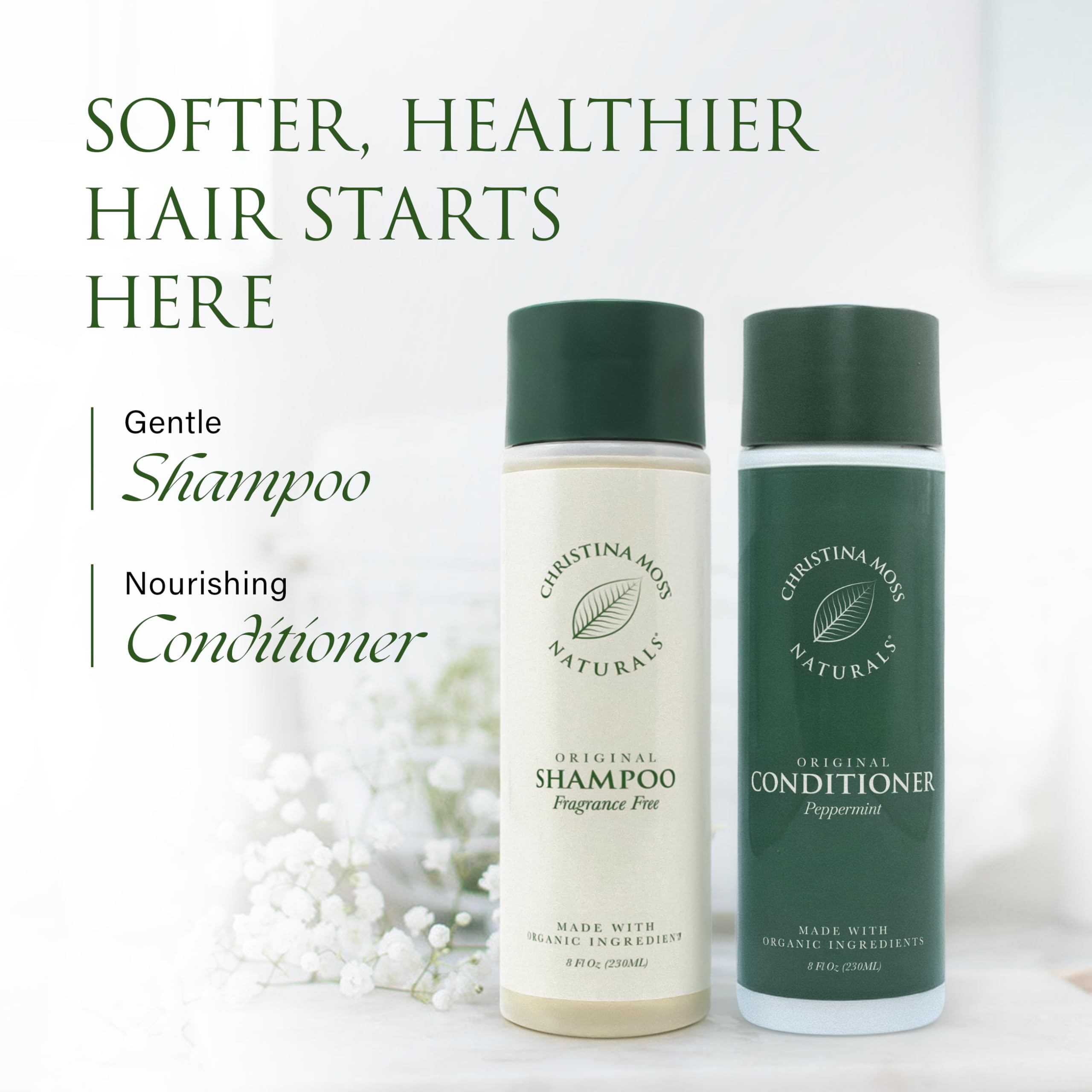 Hands applying Christina Moss Naturals shampoo to wet hair demonstrating easy application benefit