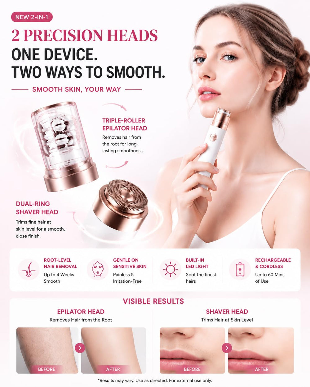 ChronoNest epilator head closeup displaying triple-tweezer design for precise removal