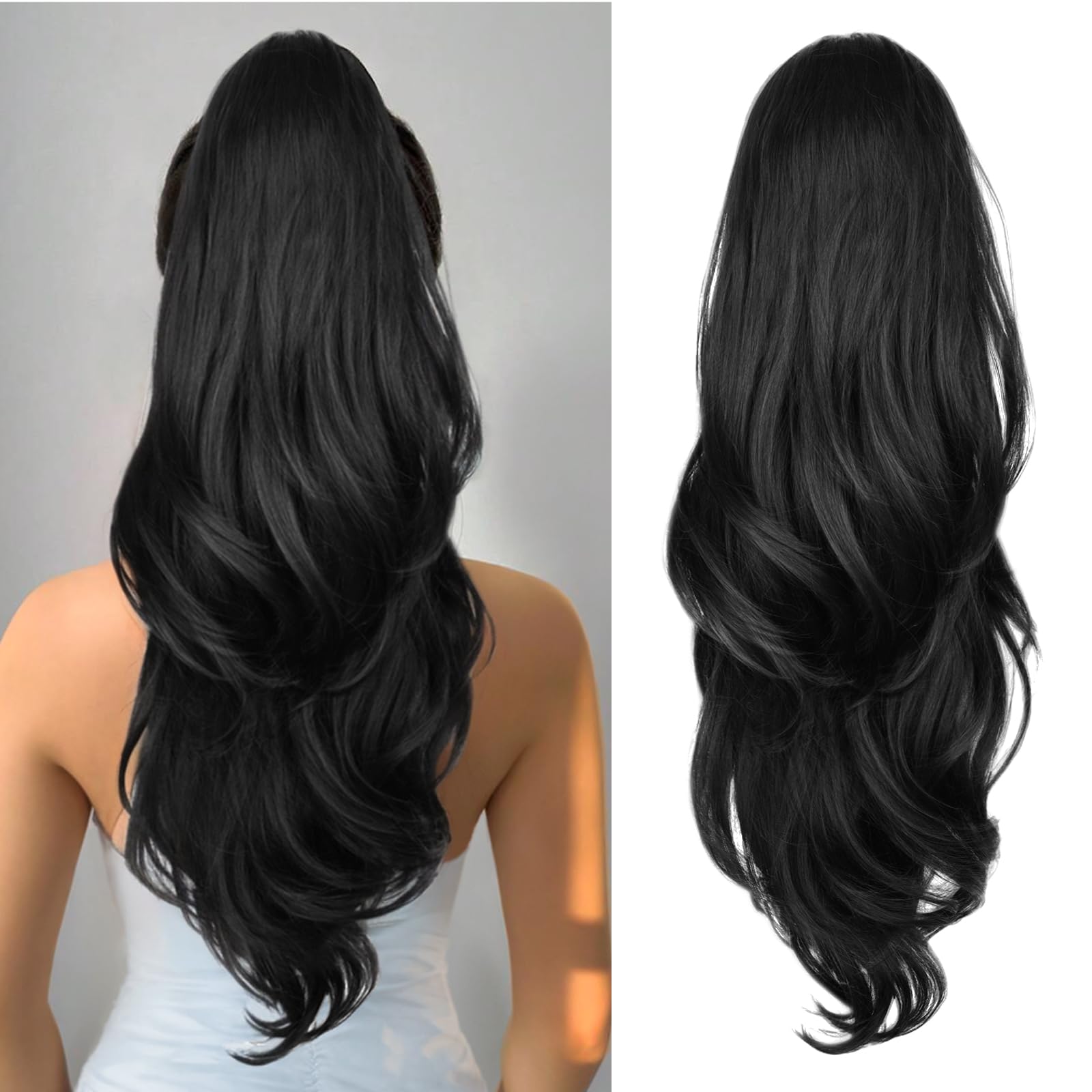 CHRSHN front view of packaged 26-inch ponytail showing sleek black finish and benefit instant length