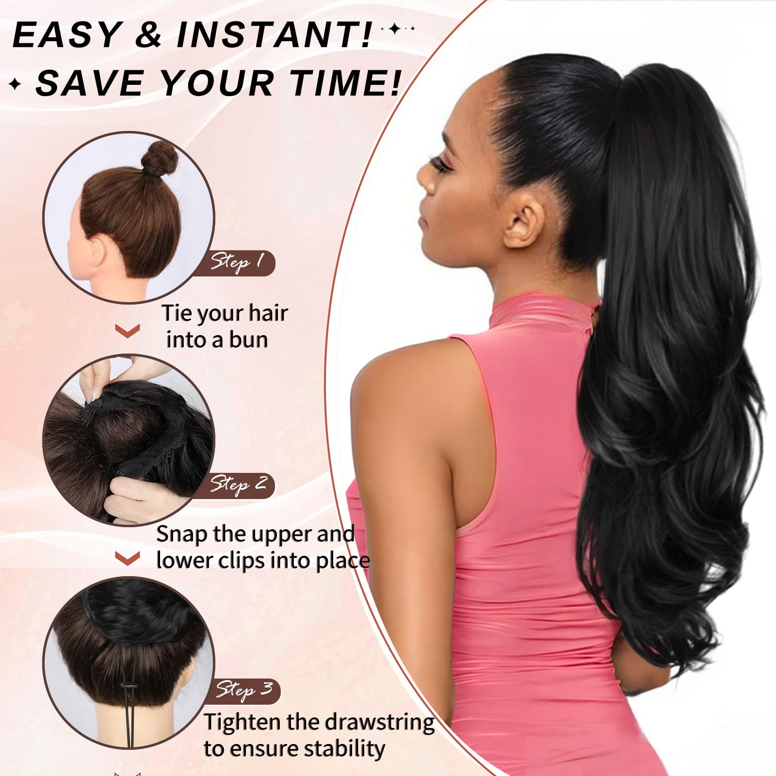 CHRSHN model wearing high ponytail front view showing natural blend and added volume benefit