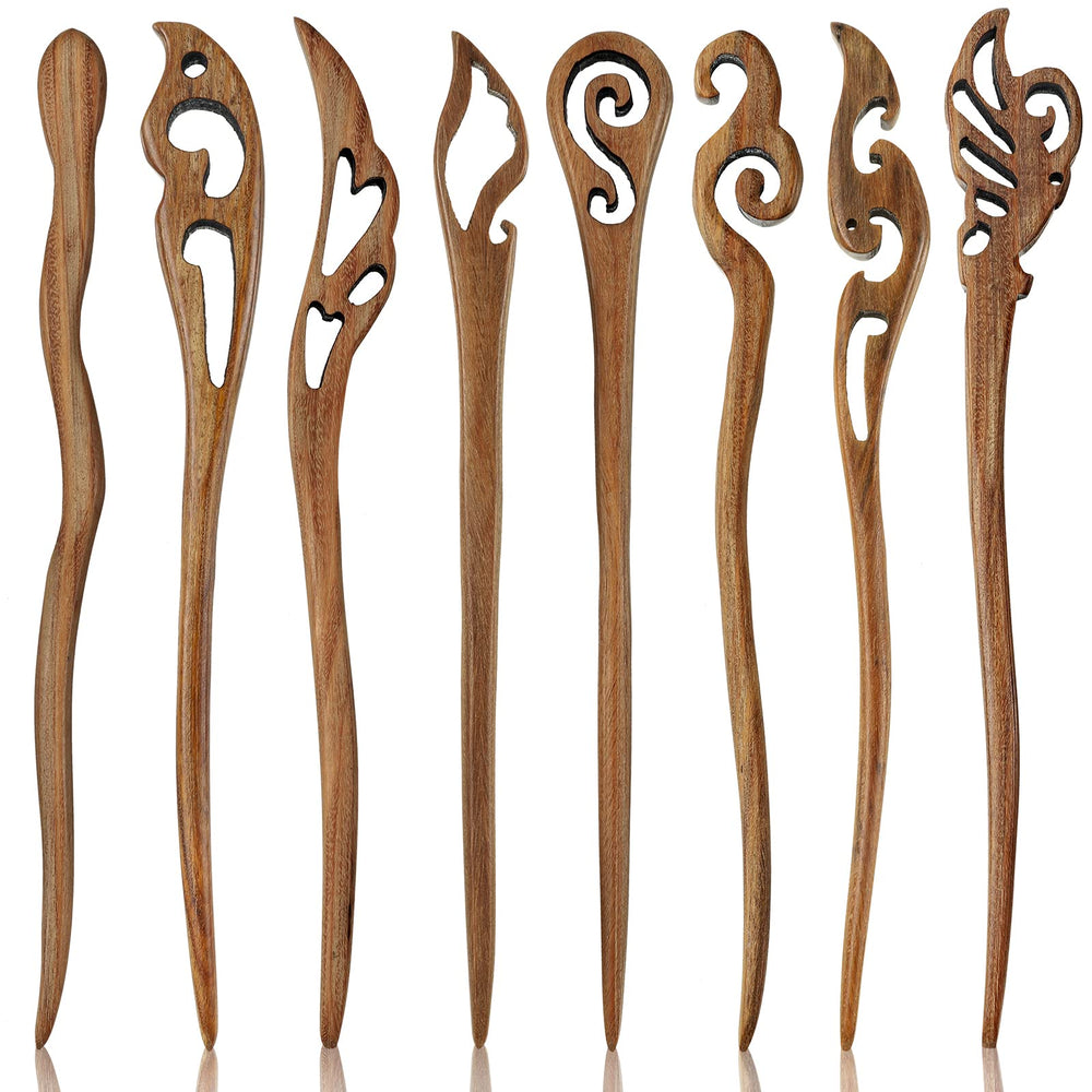Chuangdi front view of eight wooden hair sticks showing vintage charm and reliable hold