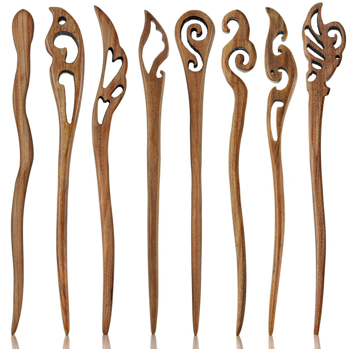 Chuangdi front view of eight wooden hair sticks showing vintage charm and reliable hold