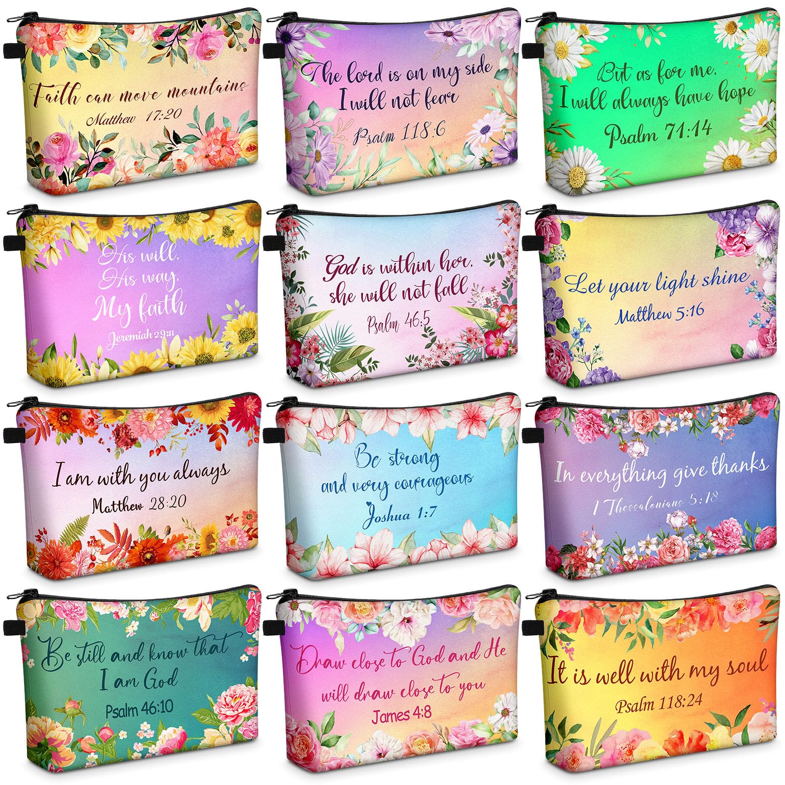 Chunful front view of pouch set showing colorful biblical designs and easy gifting