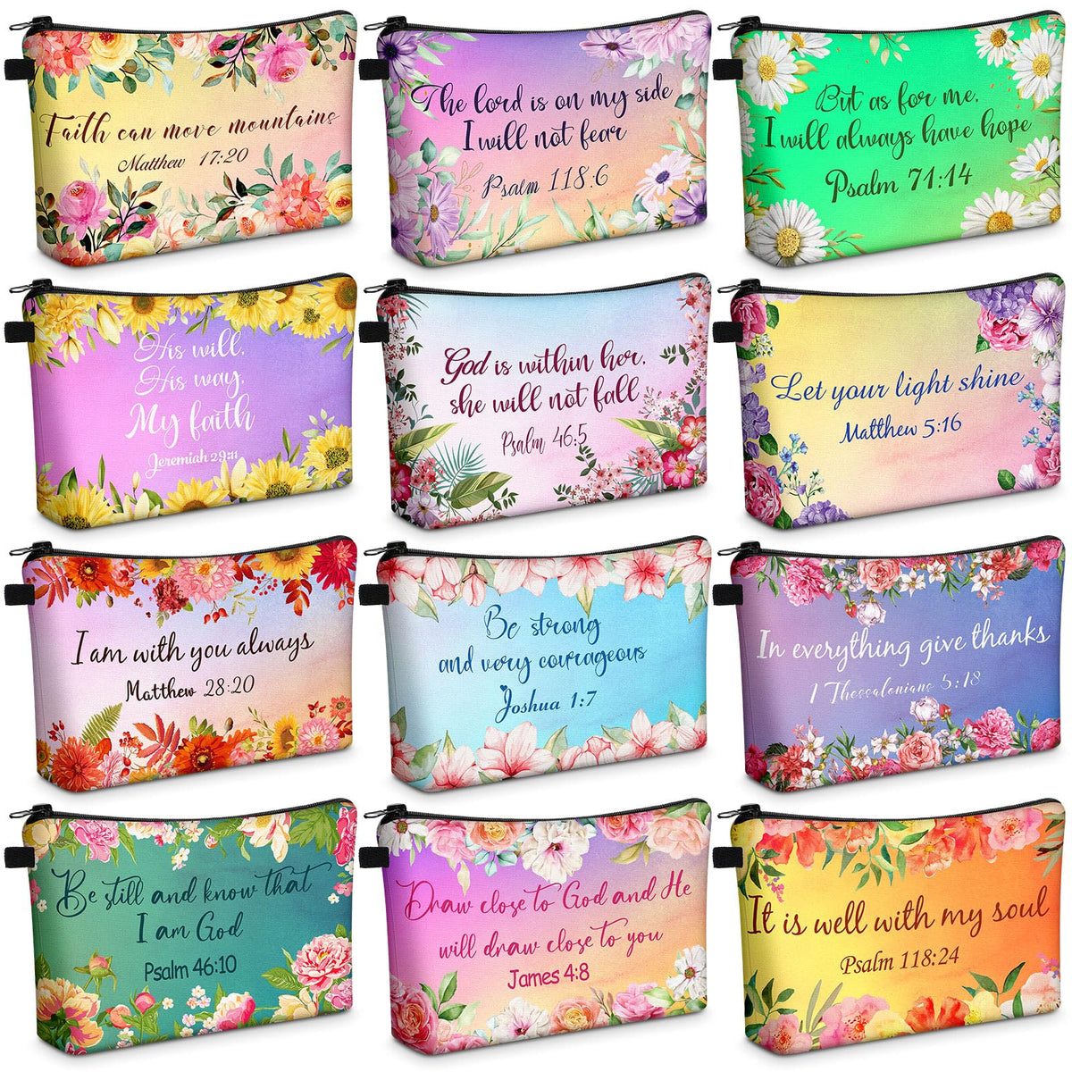 Chunful front view of pouch set showing colorful biblical designs and easy gifting