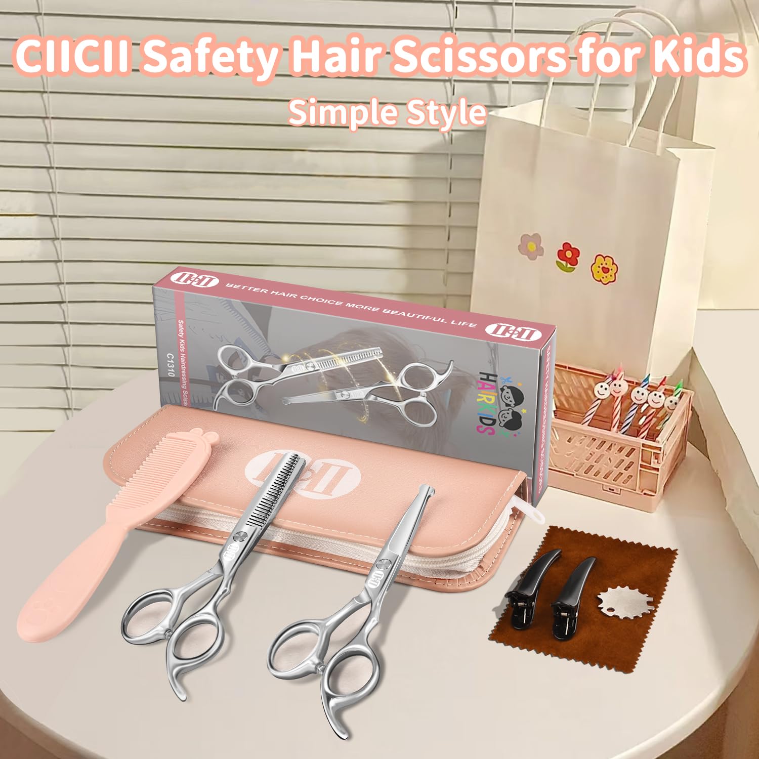 CIICII scissors beside comb showing scale and ergonomic finger hole benefit