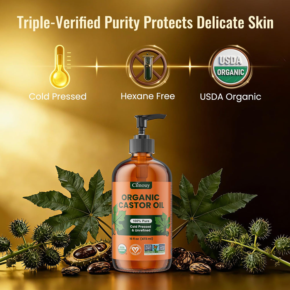 Cimouy castor oil pouring to show viscous texture and deep hydration benefit