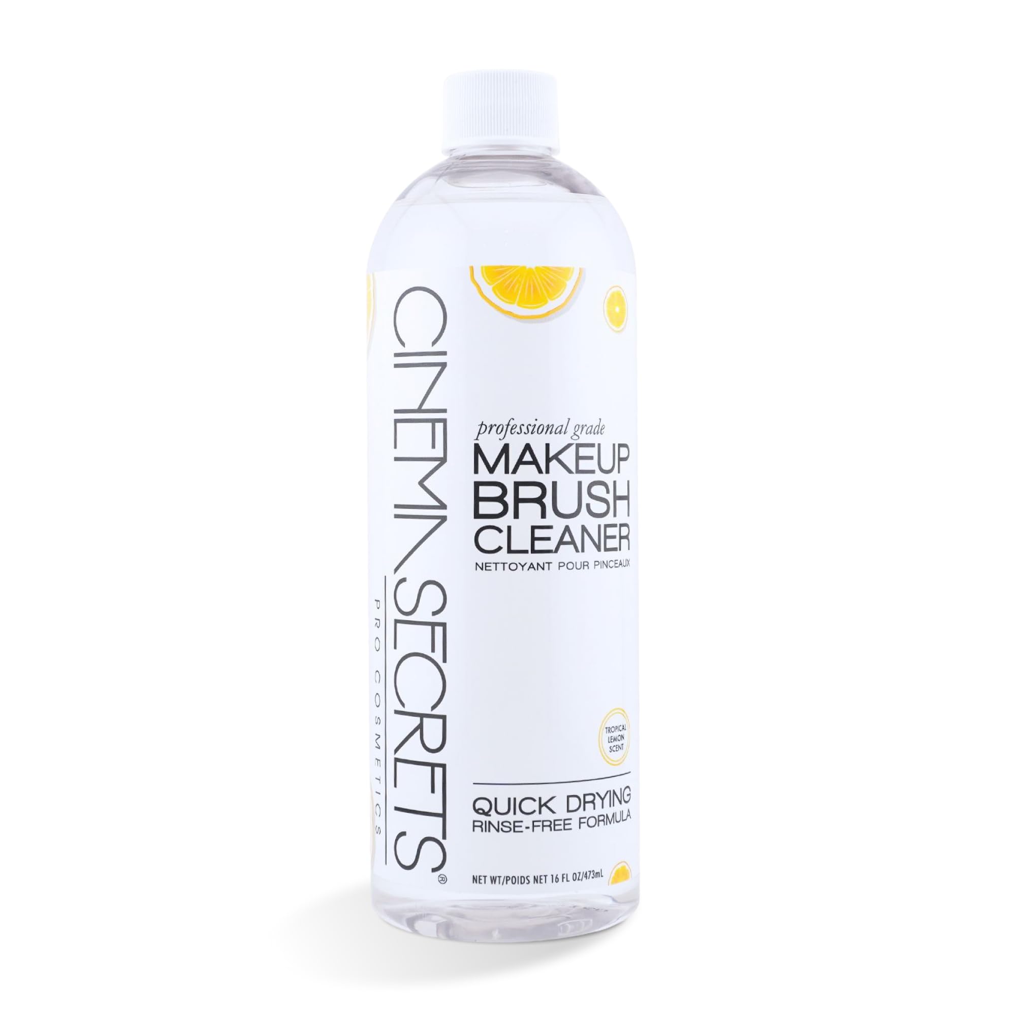 Cinema Secrets bottle front view showing lemon scent and professional label benefit: fast cleaning