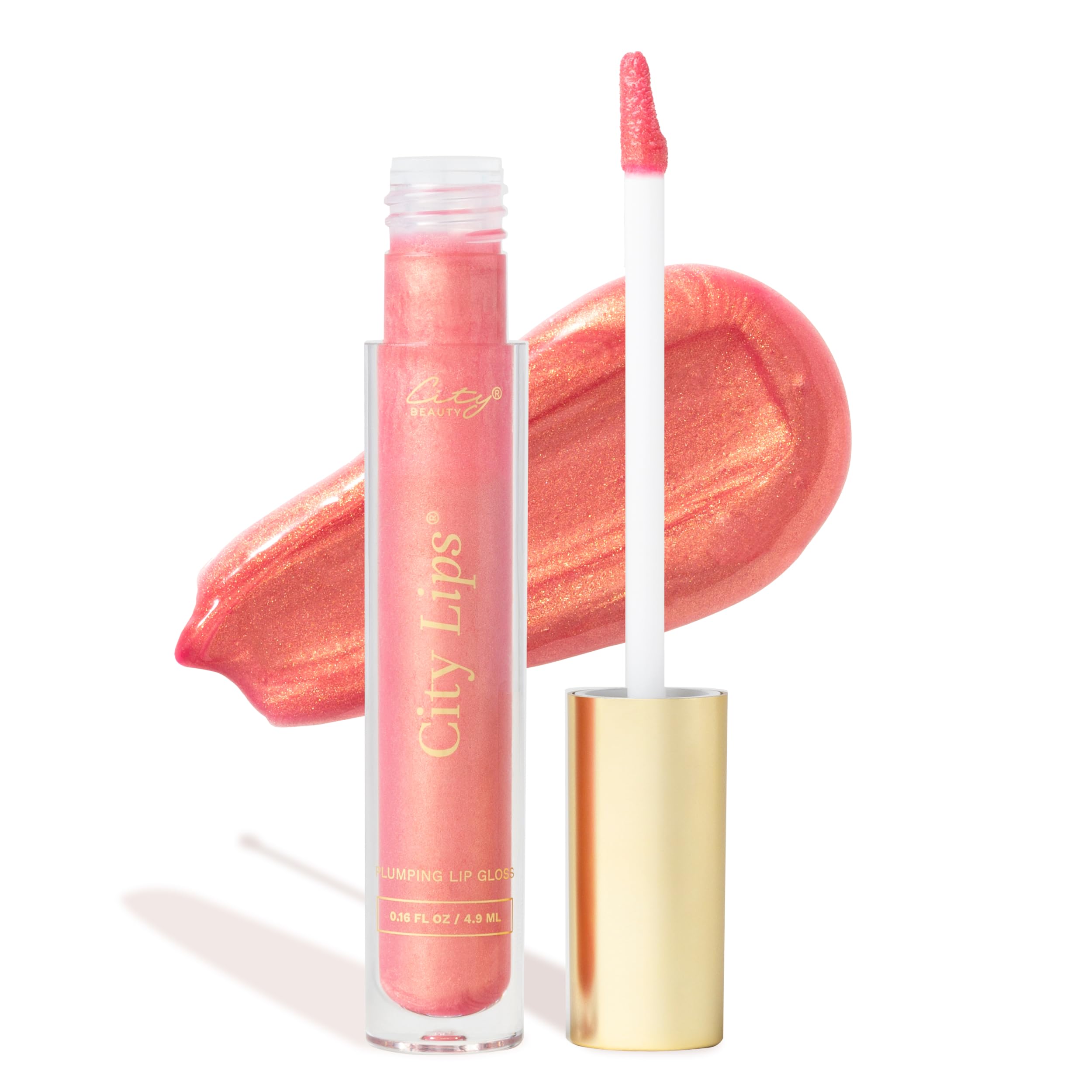 City Beauty front tube of City Lips gloss showing glossy Sun Diego color and shine