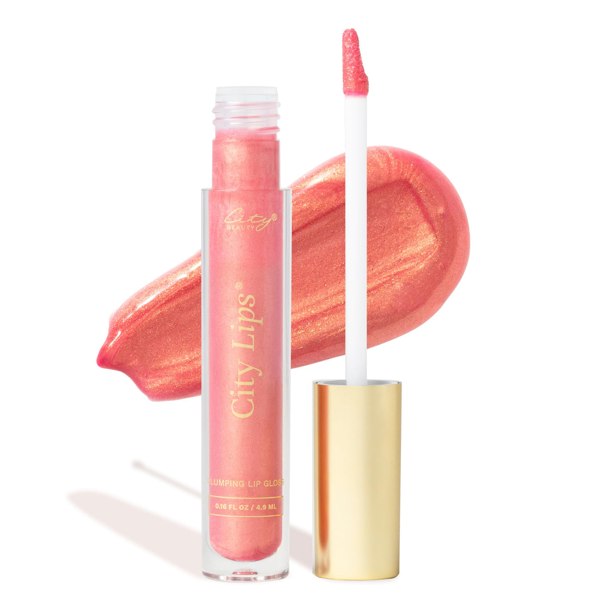 City Beauty front tube of City Lips gloss showing glossy Sun Diego color and shine