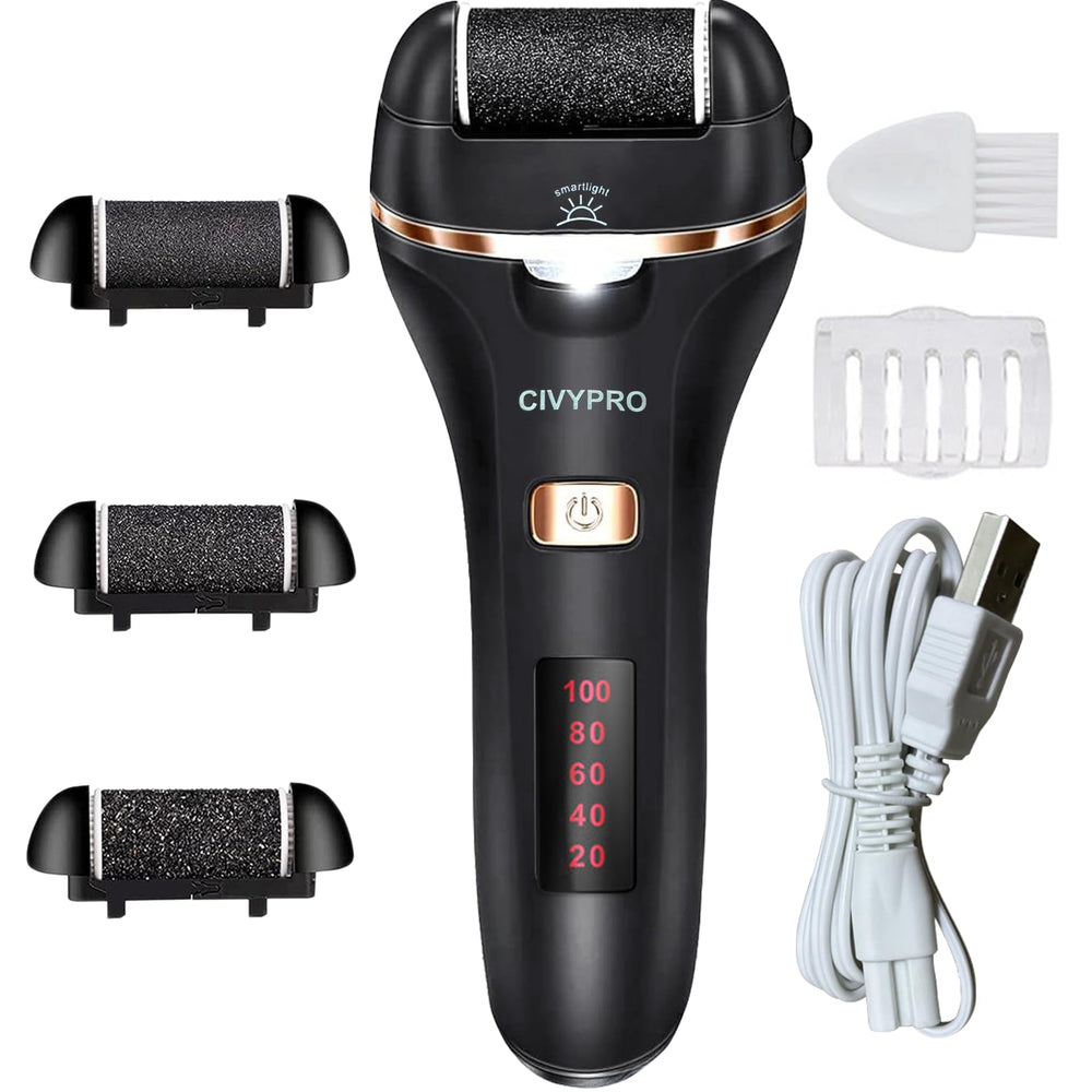 CIVYPRO front view showing electric callus remover and benefits of cordless use