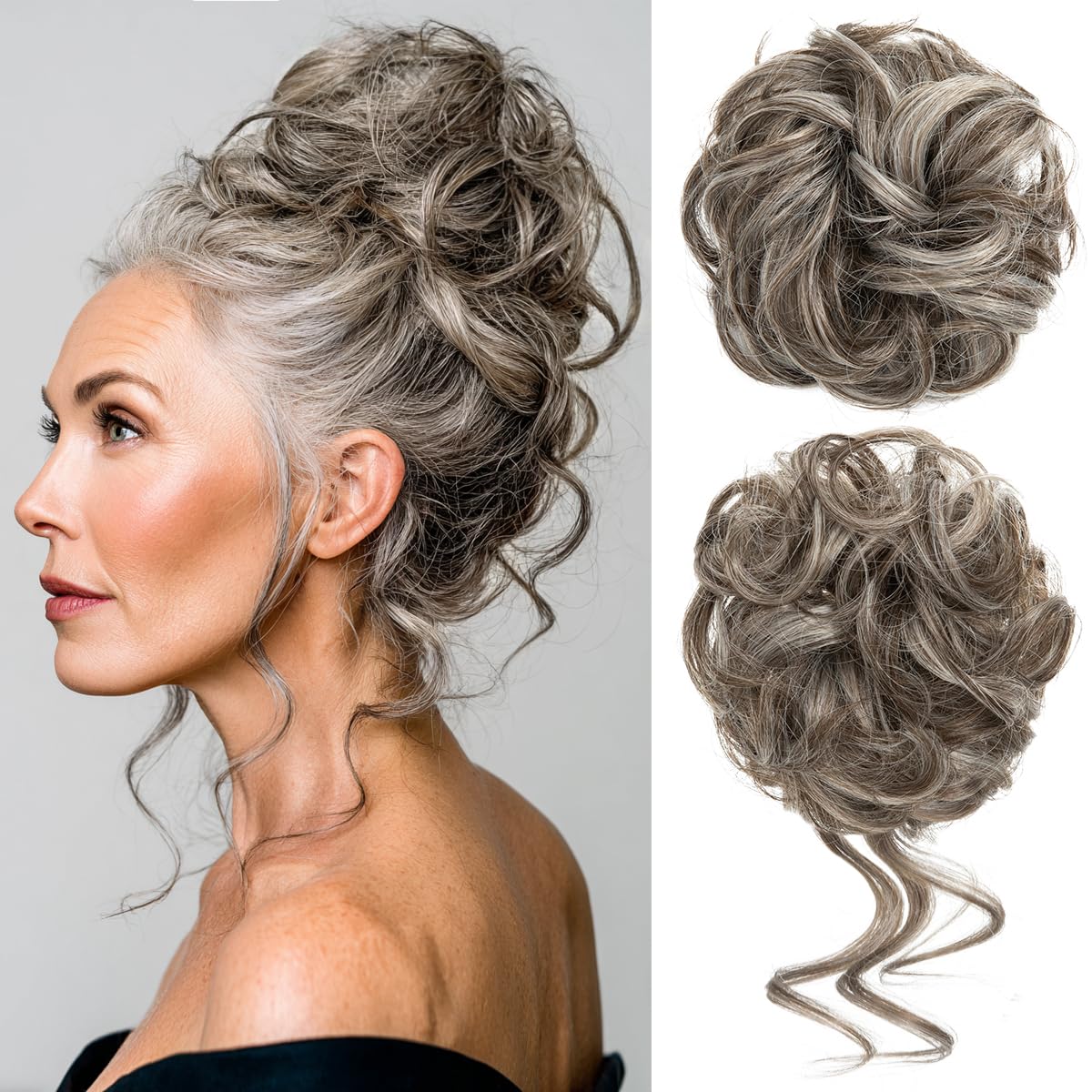 CJL HAIR front view showing ash grey bun pieces, easy instant updo
