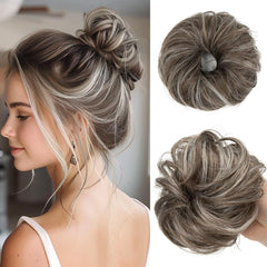 CJL HAIR front packaging showing ash grey mini messy bun pieces, easy-install benefit