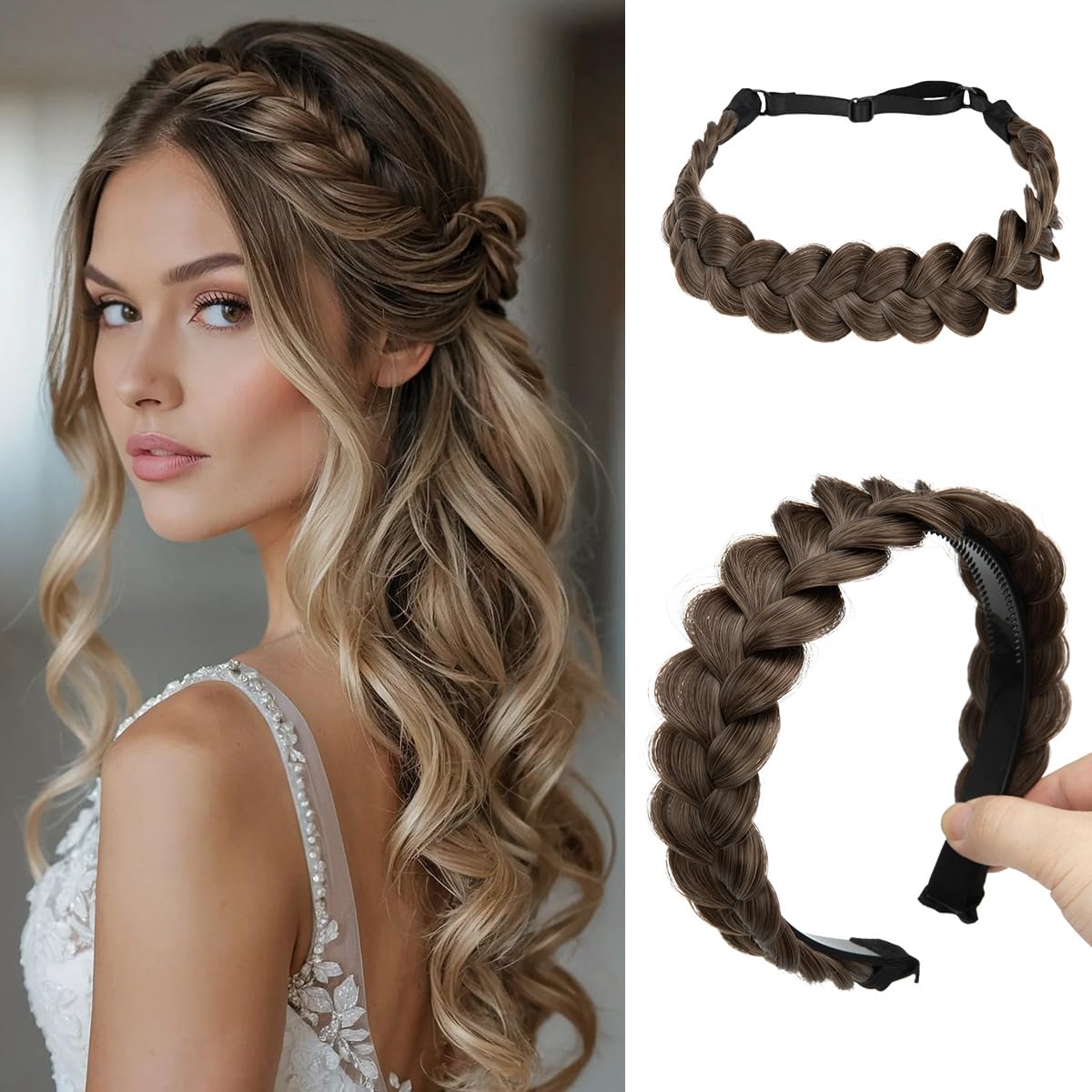 CJL HAIR front view of coffee brown braided headbands, ready-to-wear accessory