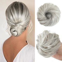 CJL HAIR front view of grey multi bun pair showing compact packaging and convenience